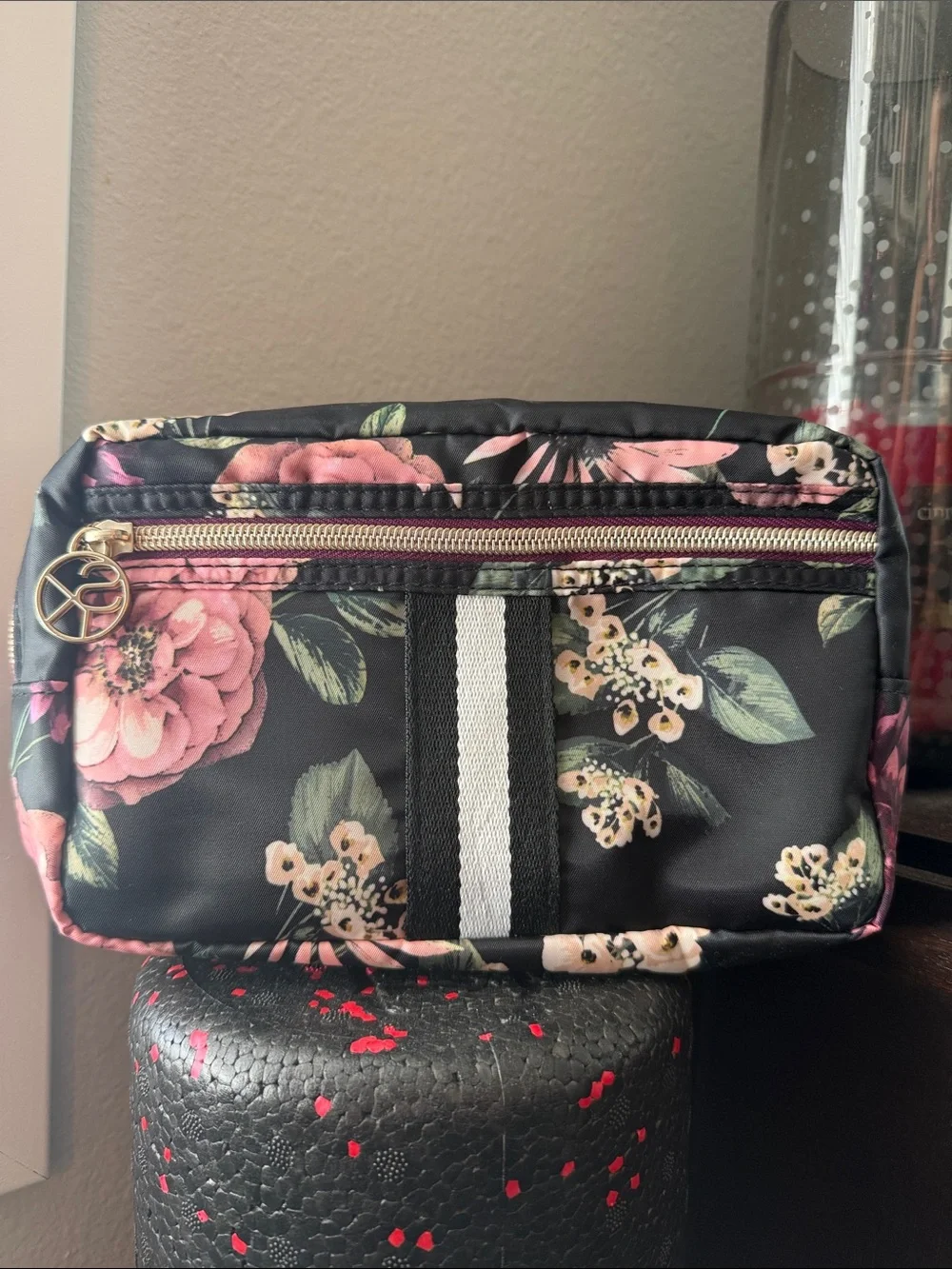 Black Floral Crossbody Bag with Gold Accent makeup purse Sonia Kashuk clutch